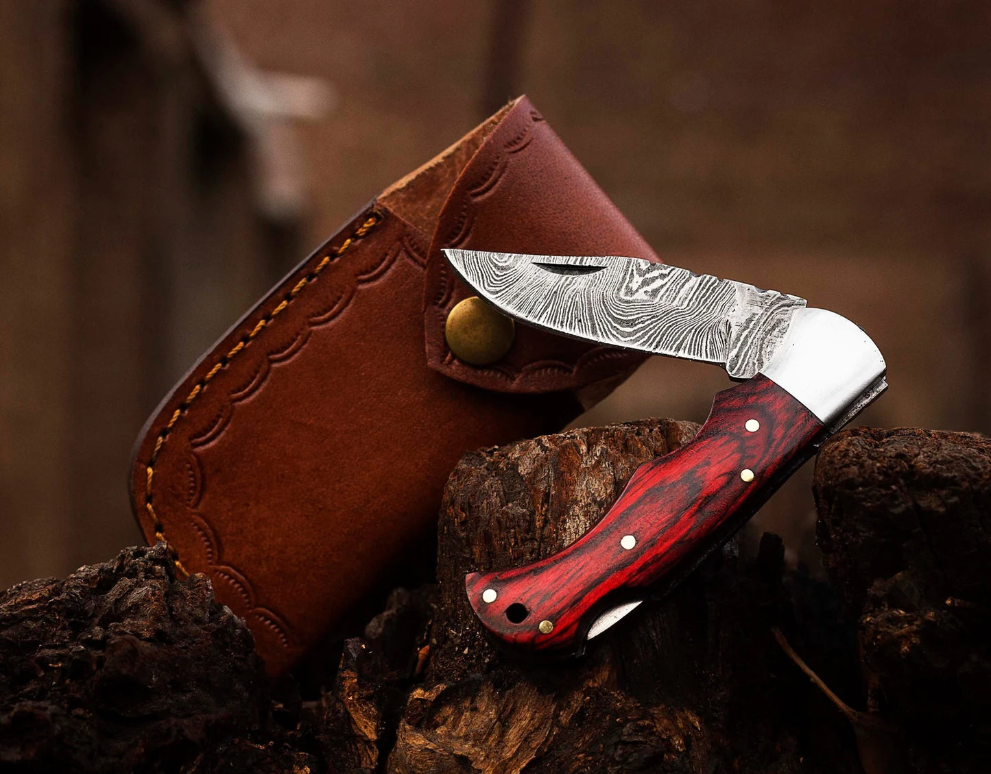 Damascus Pocket Knife handmade Damascus steel folding pocket knife camping knife with leather pouch