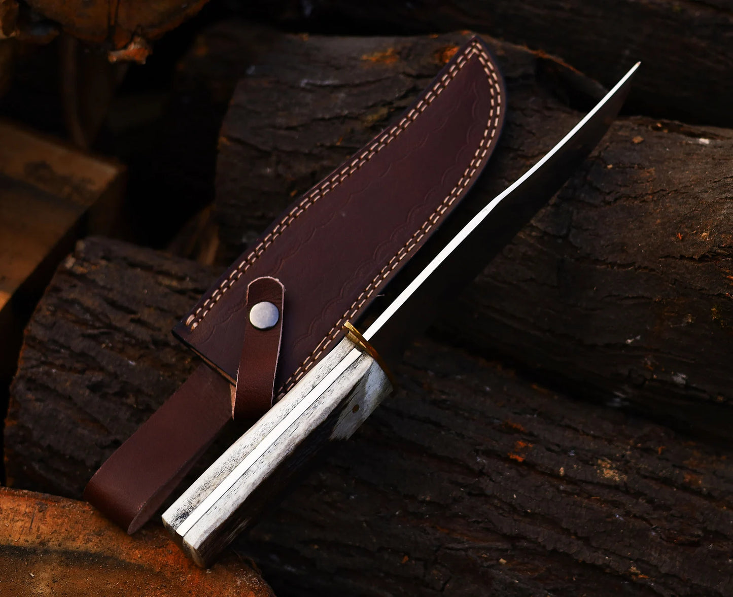HAND FORGED J2 STEEL BOWIE KNIFE ANTLER HORN HANDLE WITH SHEATH || DRS KNIVES HUB