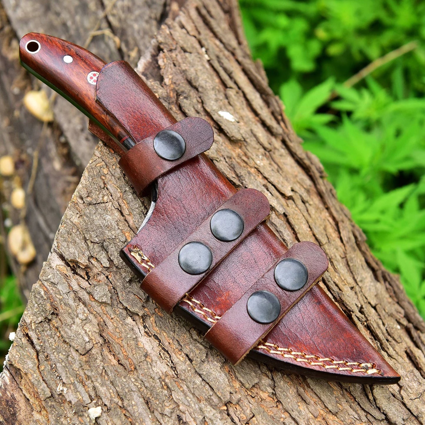 Handcrafted Damascus Steel Finger Hole Skinner Knife With Leather Sheath Cover Fixed Blade Knife