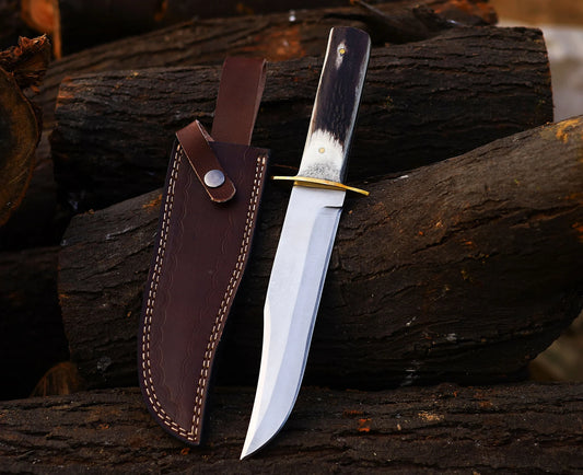 HAND FORGED J2 STEEL BOWIE KNIFE ANTLER HORN HANDLE WITH SHEATH || DRS KNIVES HUB