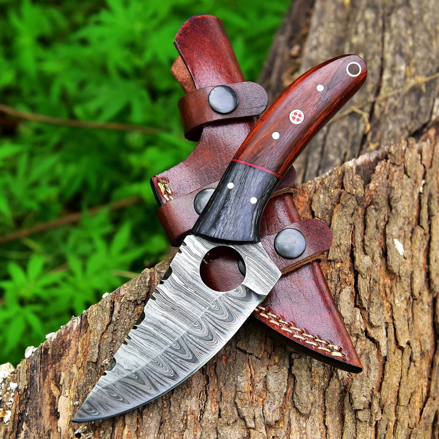 Handcrafted Damascus Steel Finger Hole Skinner Knife With Leather Sheath Cover Fixed Blade Knife