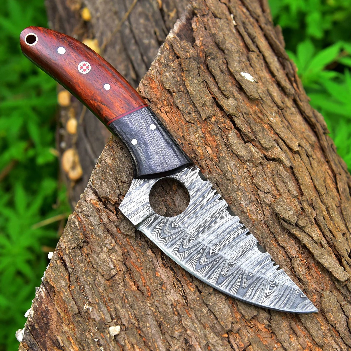 Handcrafted Damascus Steel Finger Hole Skinner Knife With Leather Sheath Cover Fixed Blade Knife