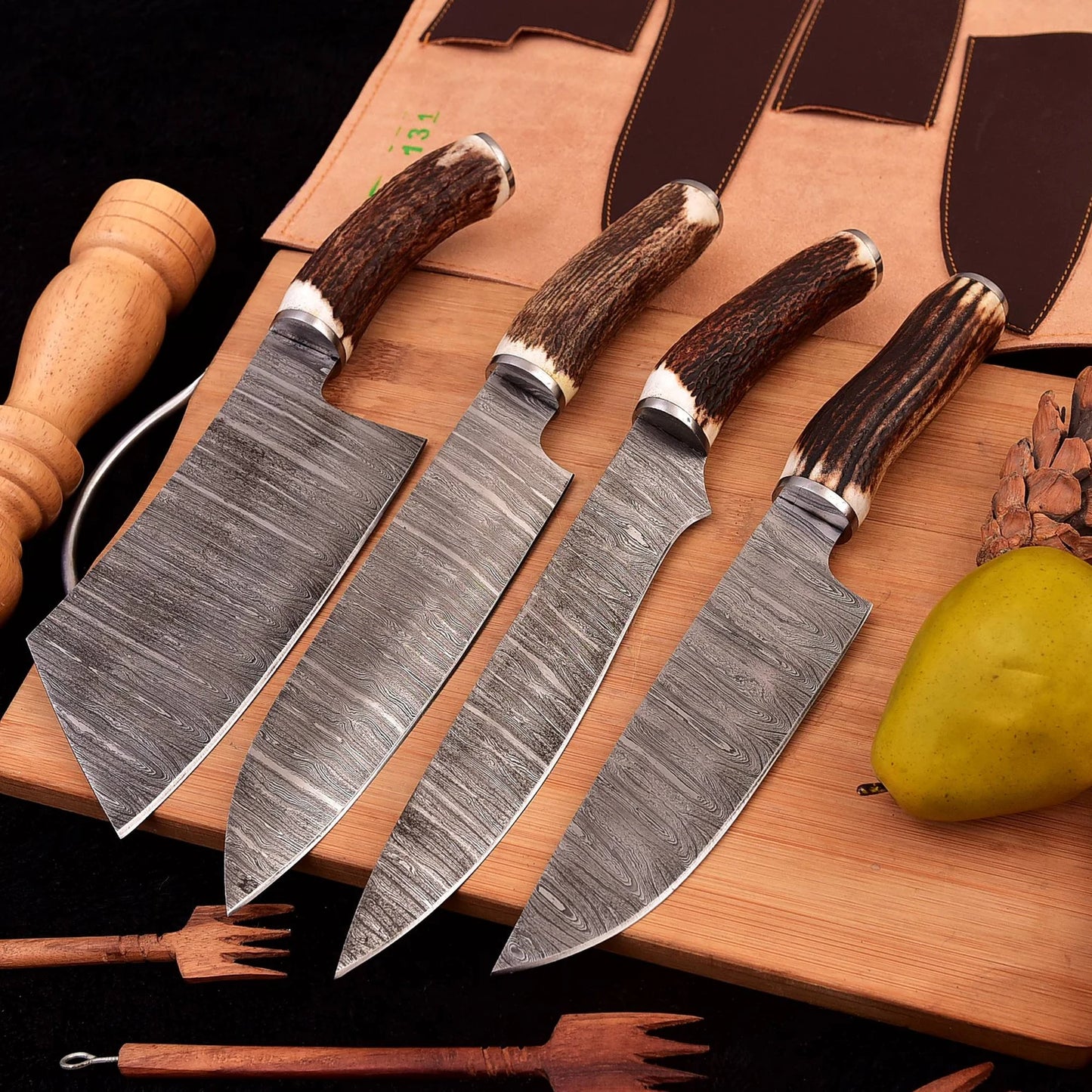 4 piece Chef knives set Hand Forge chef knives Antler knives Set With Leather Roll Kit Bag