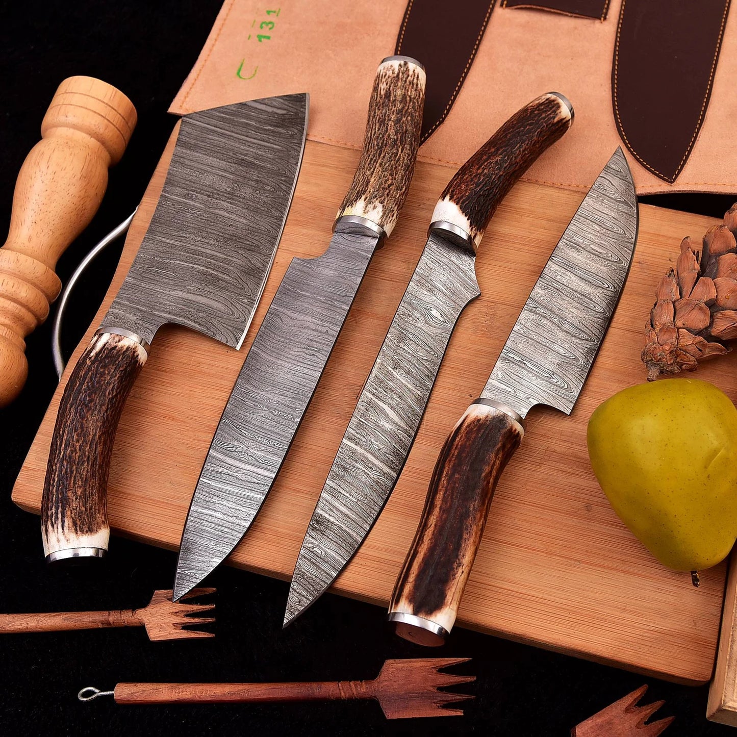 4 piece Chef knives set Hand Forge chef knives Antler knives Set With Leather Roll Kit Bag