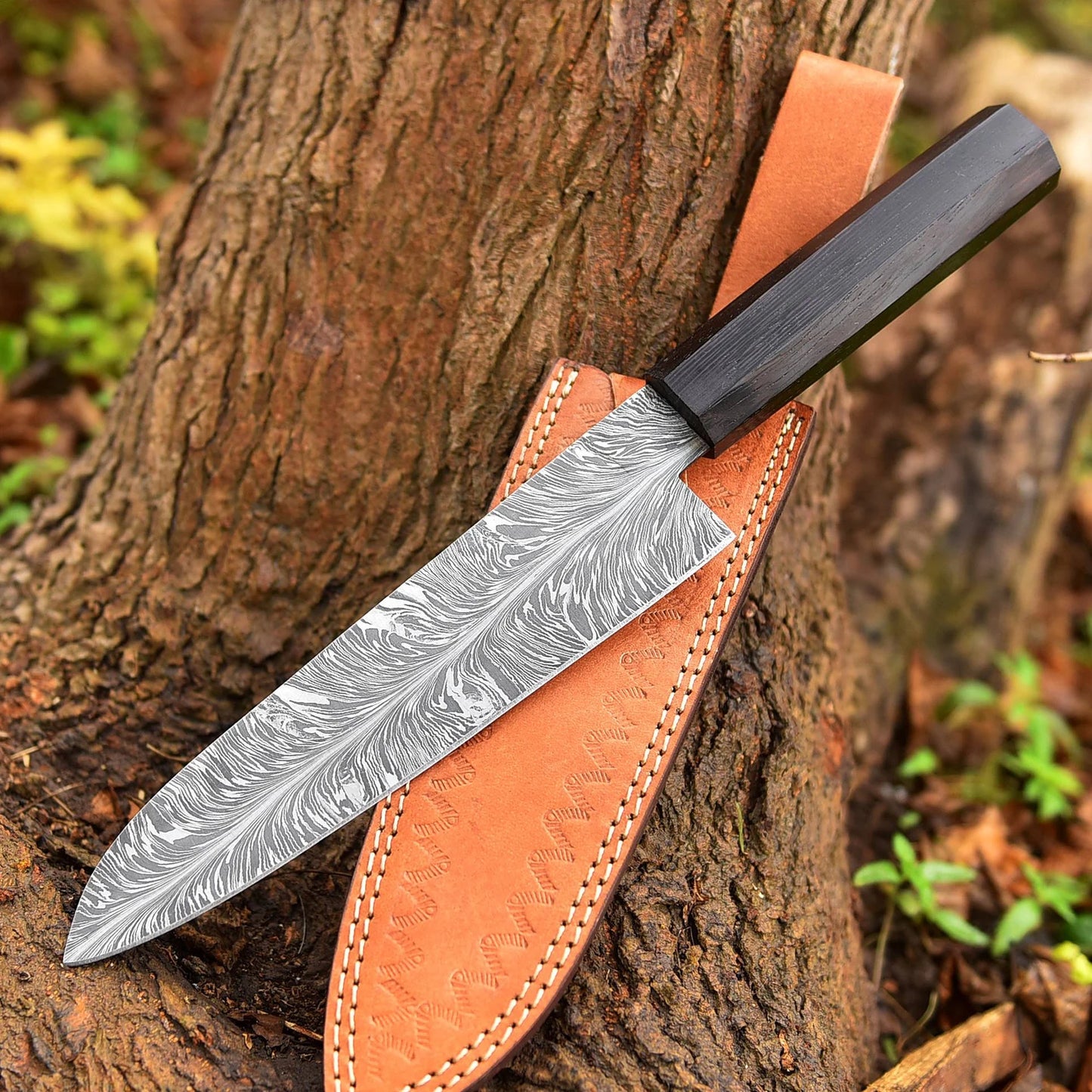 Chef Knife Custom Handmade Damascus Steel Chef Knife With Leather Sheath Cover