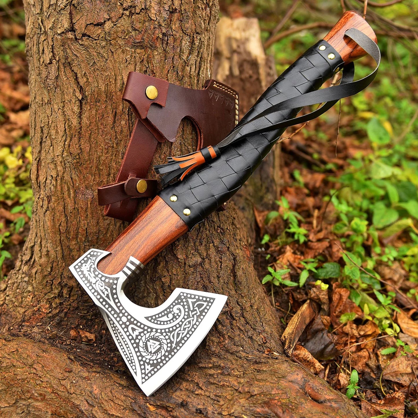 Hand Forged Carbon Steel Engraved Head Axe With Wood And Leather Handle Sheath