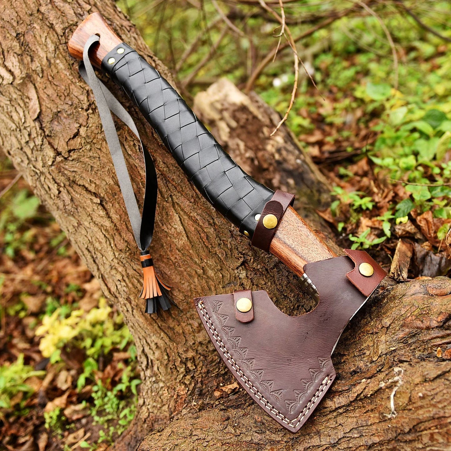 Hand Forged Carbon Steel Engraved Head Axe With Wood And Leather Handle Sheath