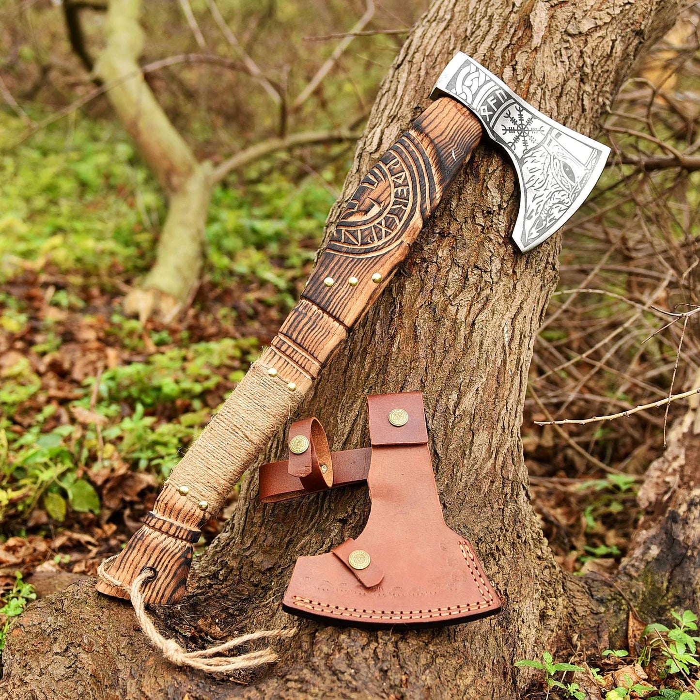 Handmade Viking Axe Custom Made Engraved Head And Blade Axe With Leather Sheath Cover