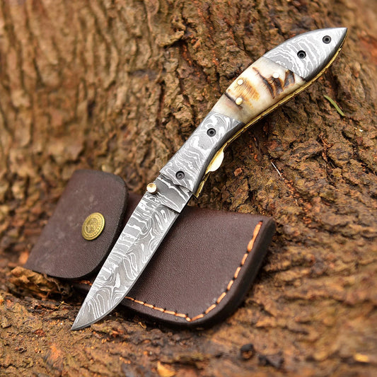 Ram Horn Handle Knife With Leather Sheath Cover Custom Made Handmade Folding Knife Pocket Knife