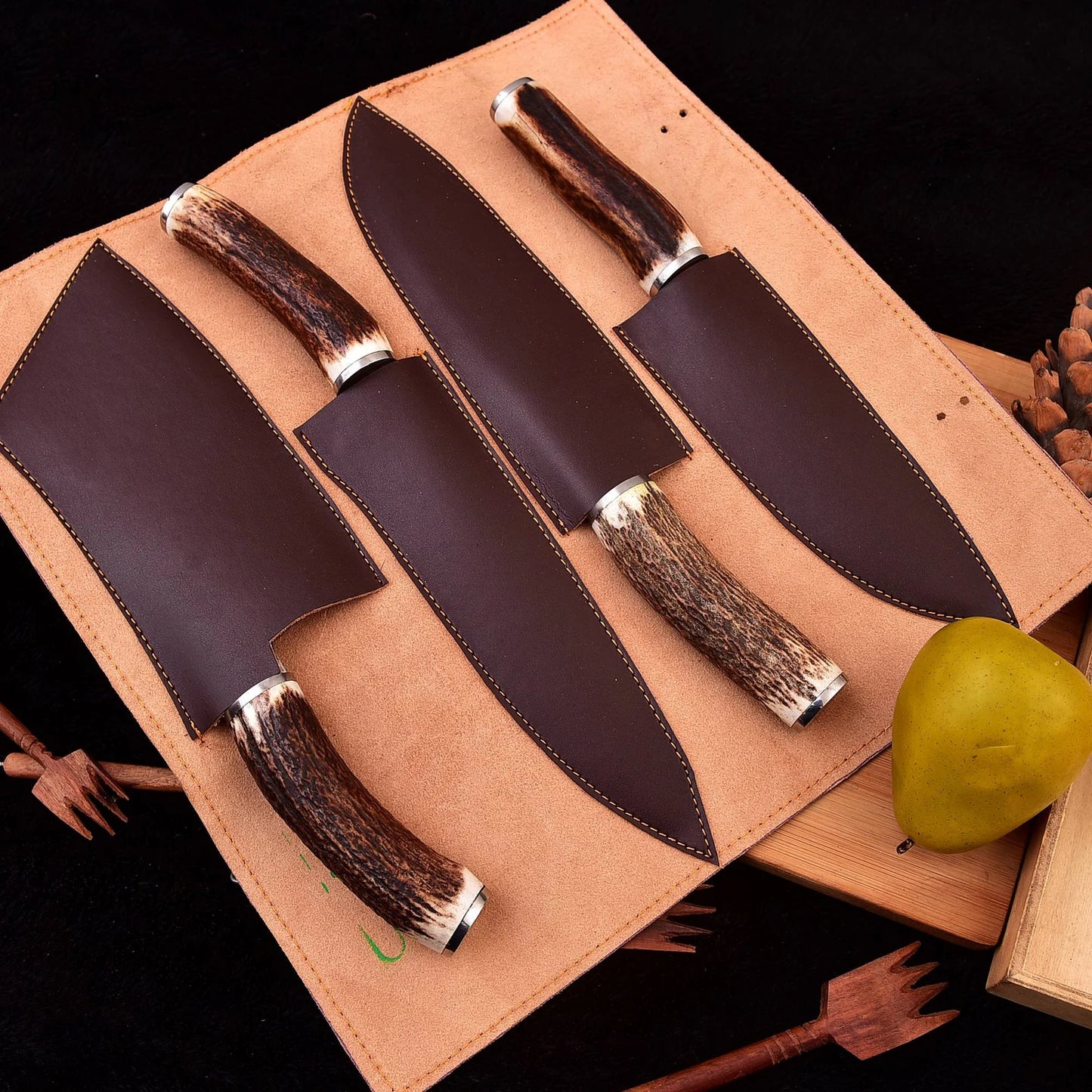 4 piece Chef knives set Hand Forge chef knives Antler knives Set With Leather Roll Kit Bag