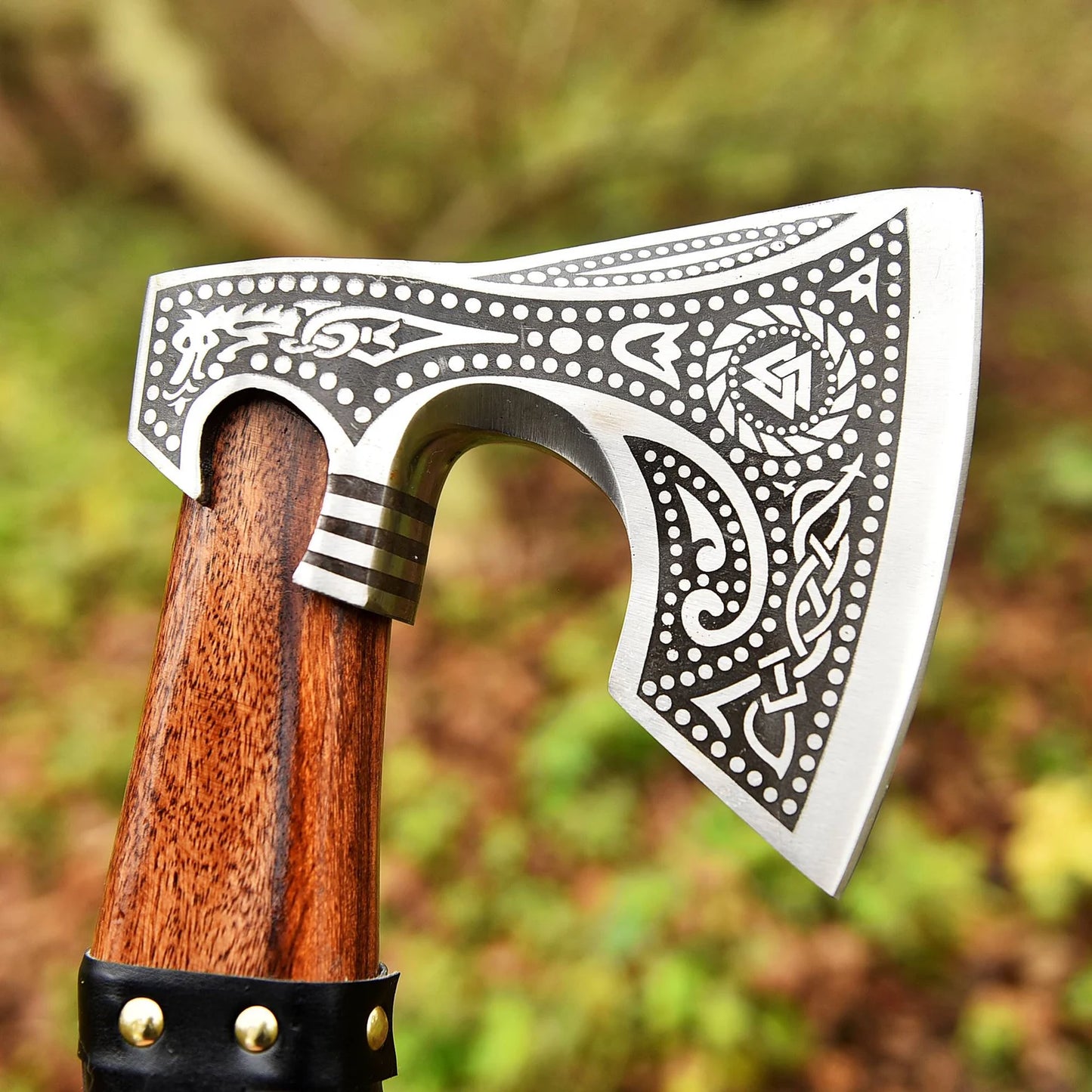 Hand Forged Carbon Steel Engraved Head Axe With Wood And Leather Handle Sheath