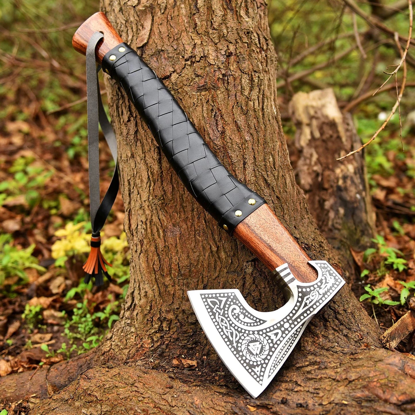 Hand Forged Carbon Steel Engraved Head Axe With Wood And Leather Handle Sheath