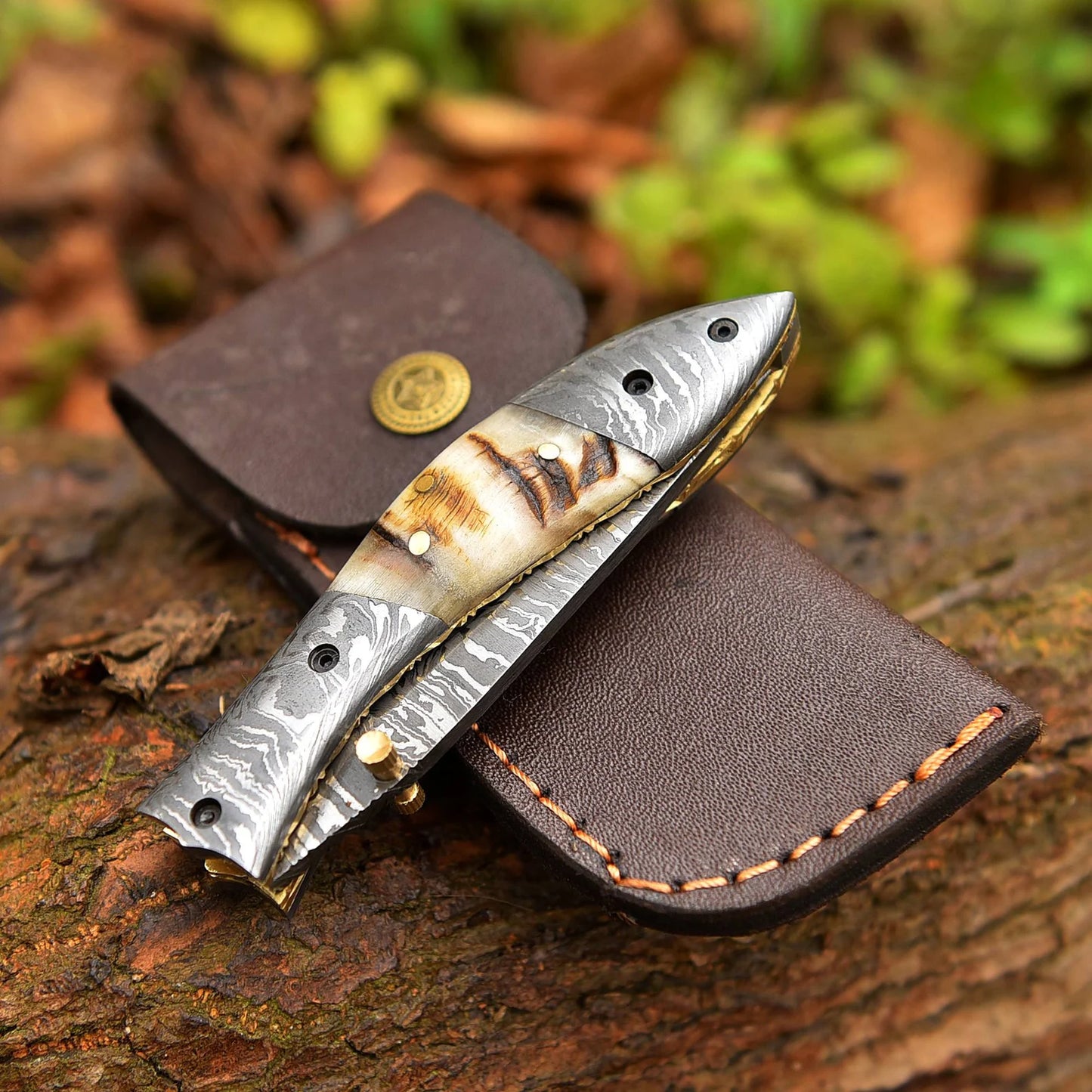 Ram Horn Handle Knife With Leather Sheath Cover Custom Made Handmade Folding Knife Pocket Knife