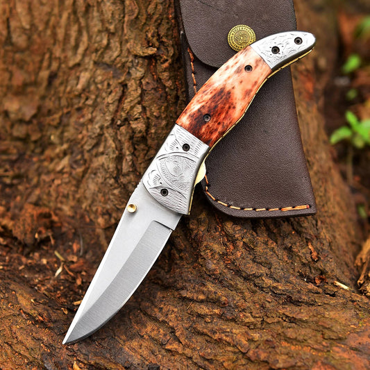 Handmade Stainless steel Pocket Knife Camel Bone Handle With Leather Sheath Cover