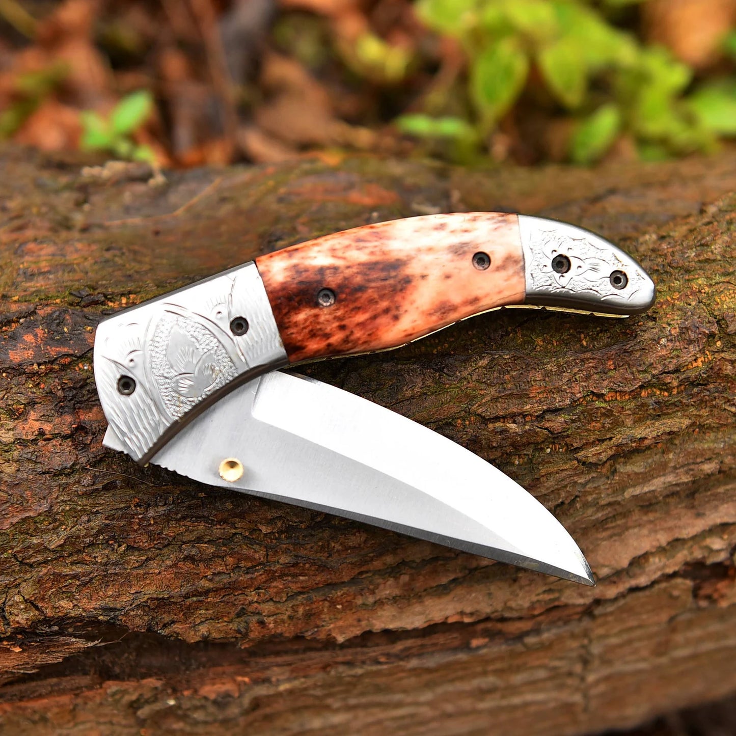 Handmade Stainless steel Pocket Knife Camel Bone Handle With Leather Sheath Cover