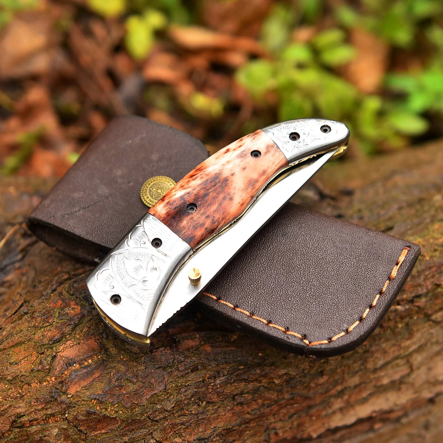 Handmade Stainless steel Pocket Knife Camel Bone Handle With Leather Sheath Cover