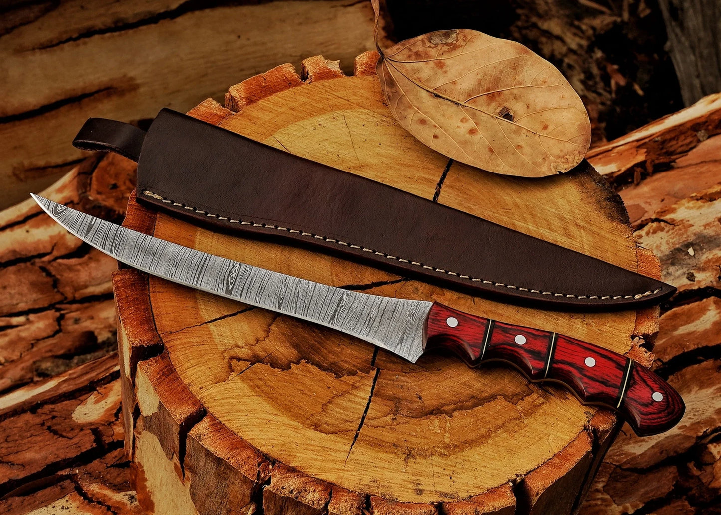 Fillet Fishing Knife Handmade Damascus Steel Blade Filet Knife ,BBQ Knife With Leather Sheath Cover