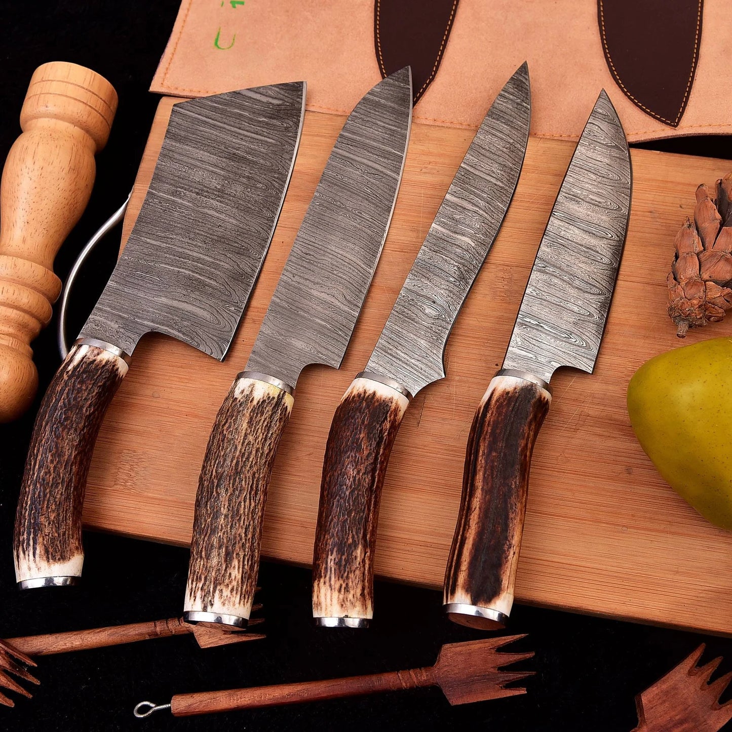 4 piece Chef knives set Hand Forge chef knives Antler knives Set With Leather Roll Kit Bag