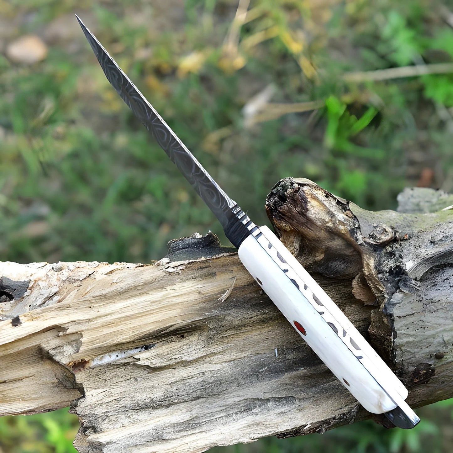 Handmade Damascus Steel Tanto Knife With Leather Sheath Cover Camel Bone Handle