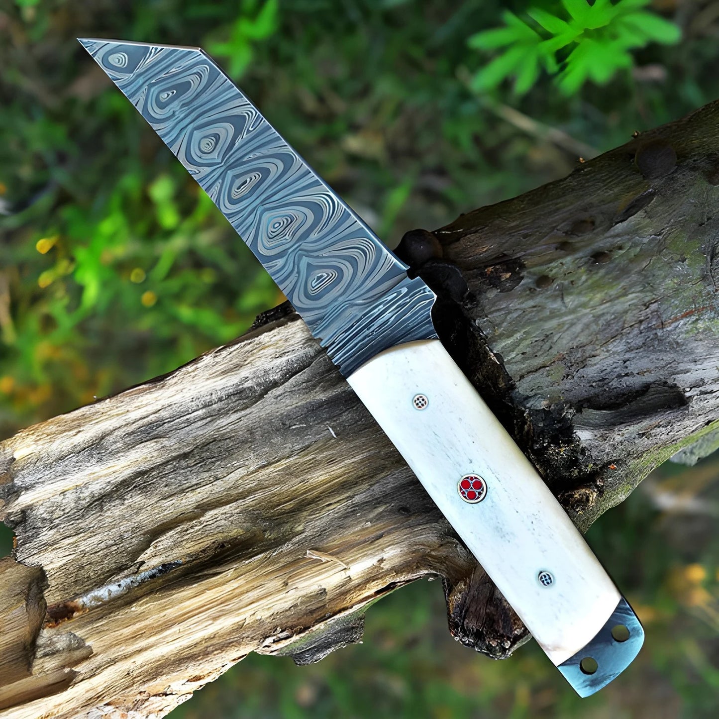 Handmade Damascus Steel Tanto Knife With Leather Sheath Cover Camel Bone Handle