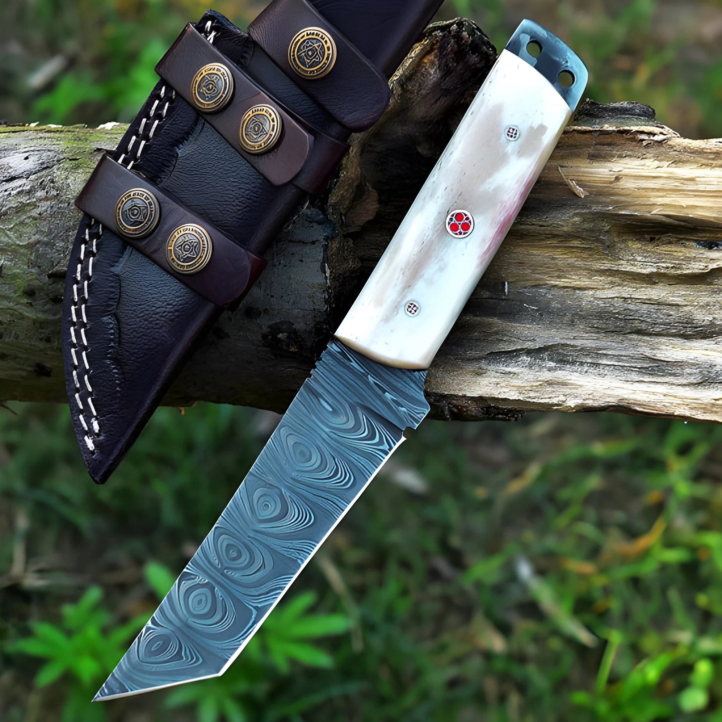 Handmade Damascus Steel Tanto Knife With Leather Sheath Cover Camel Bone Handle