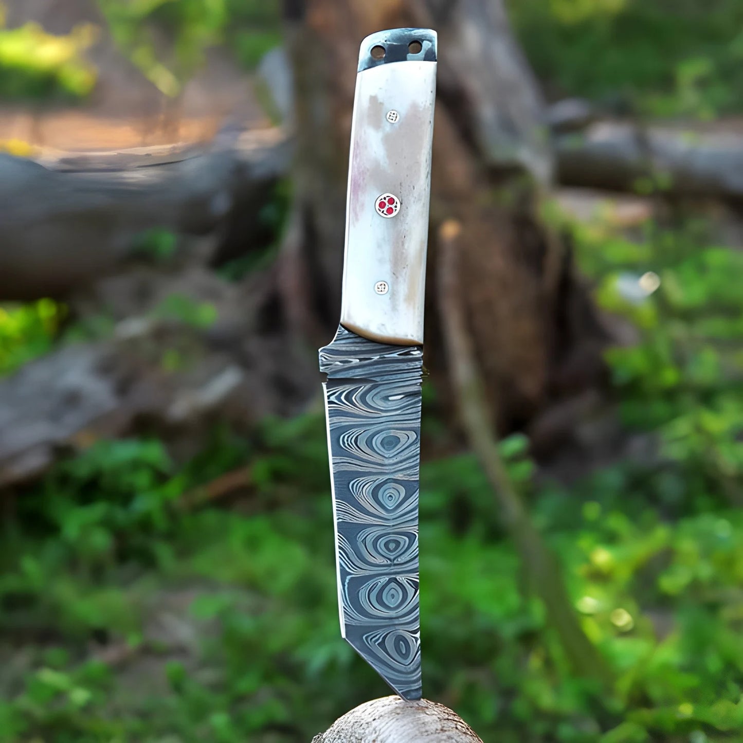 Handmade Damascus Steel Tanto Knife With Leather Sheath Cover Camel Bone Handle