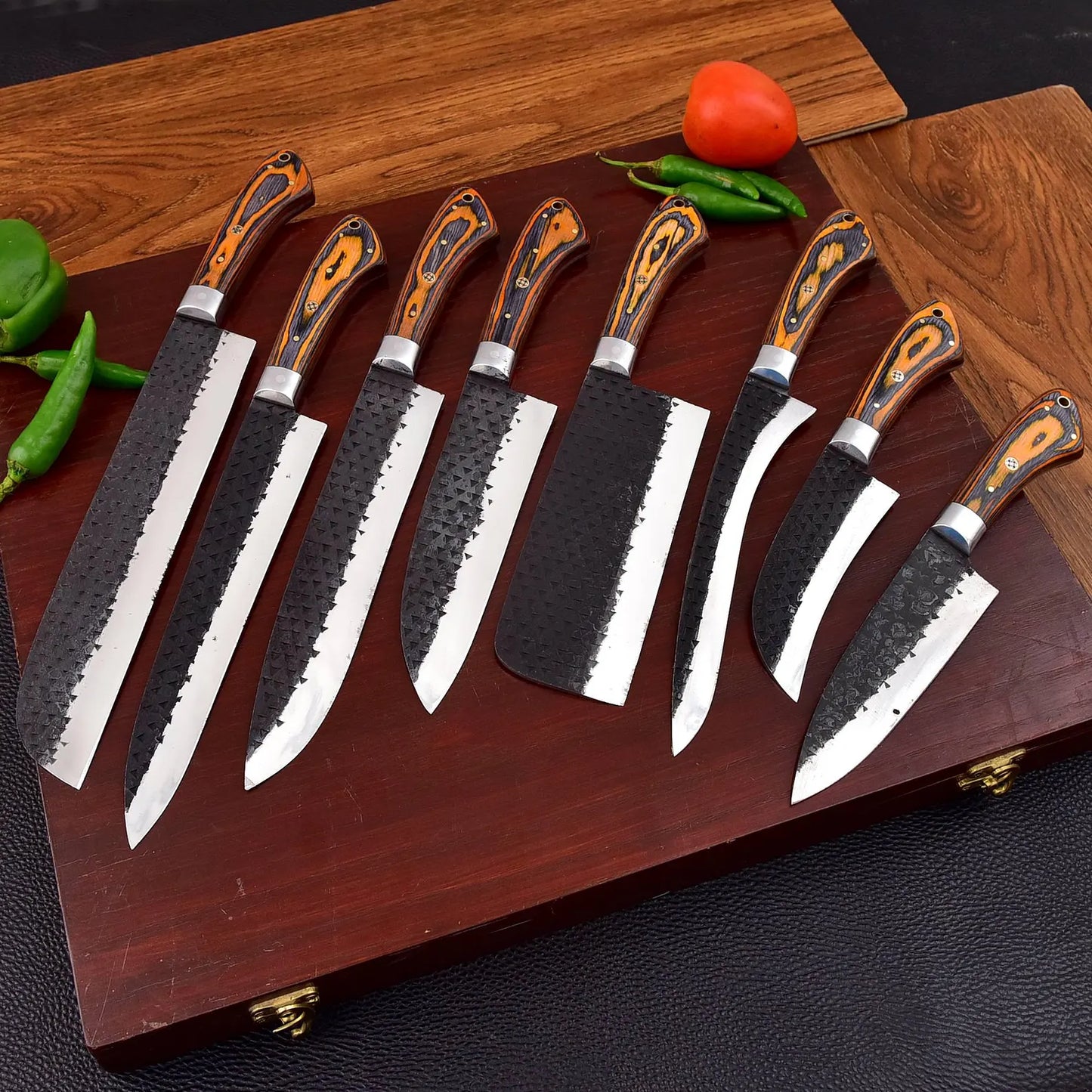 8PCS CUSTOM HANDMADE CARBORN STEEL KITCHEN SET WOOD HANDLE ||DRS KNIVES HUB