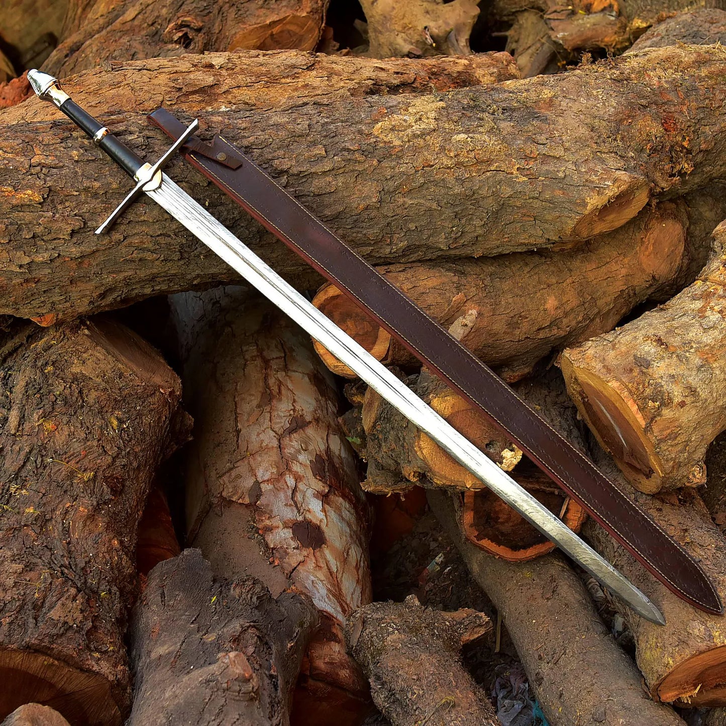 HANDMADE DAMASCUS STEEL VIKING SWORD WITH LEATHER SHEATH COVER || DRS KNIVES HUB