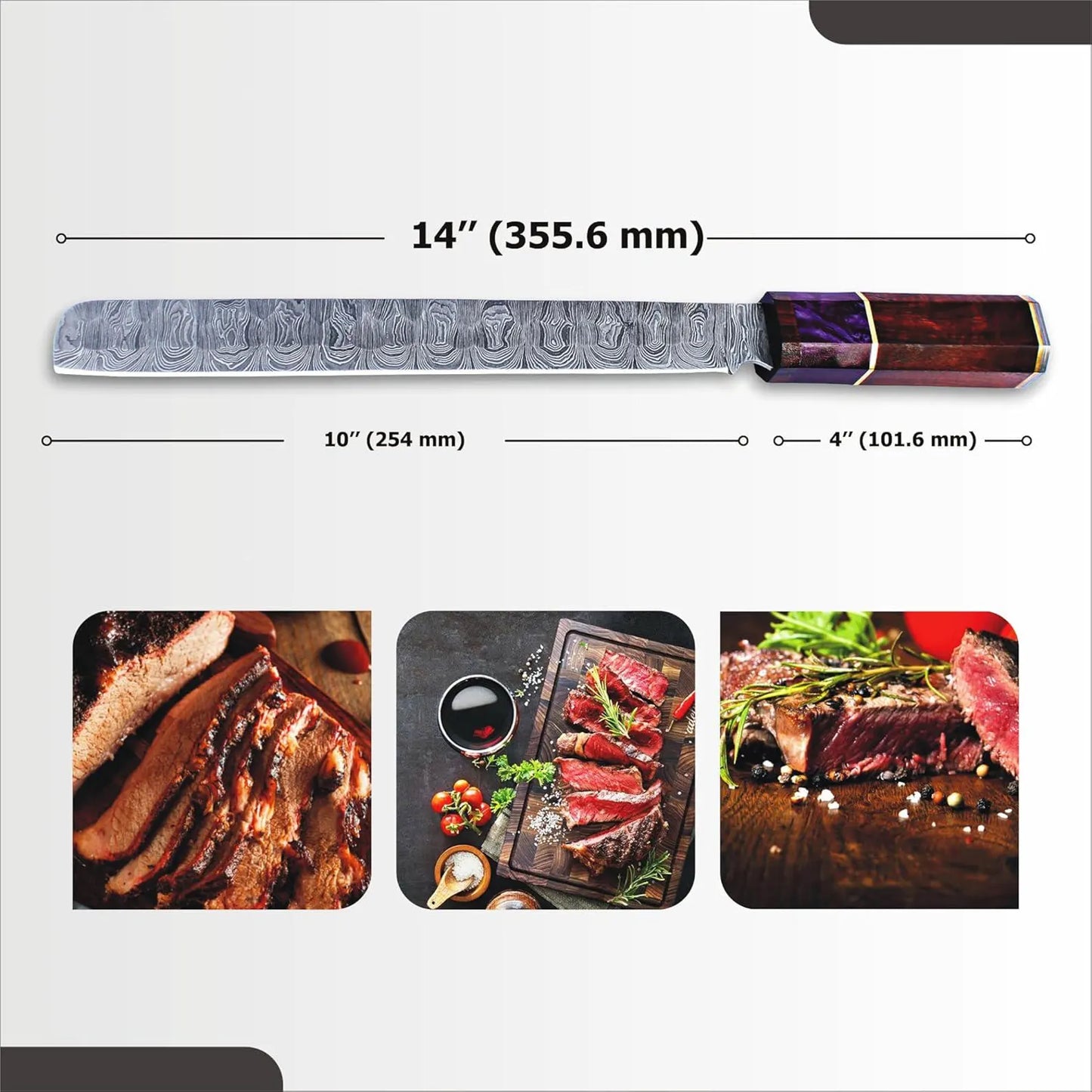 14” Handmade Damascus Chef Knife, Full Tang Brisket Knife with Wooden Handle, Razor Sharp Carving Knife for Meat & Veggies, Anniversary Gift