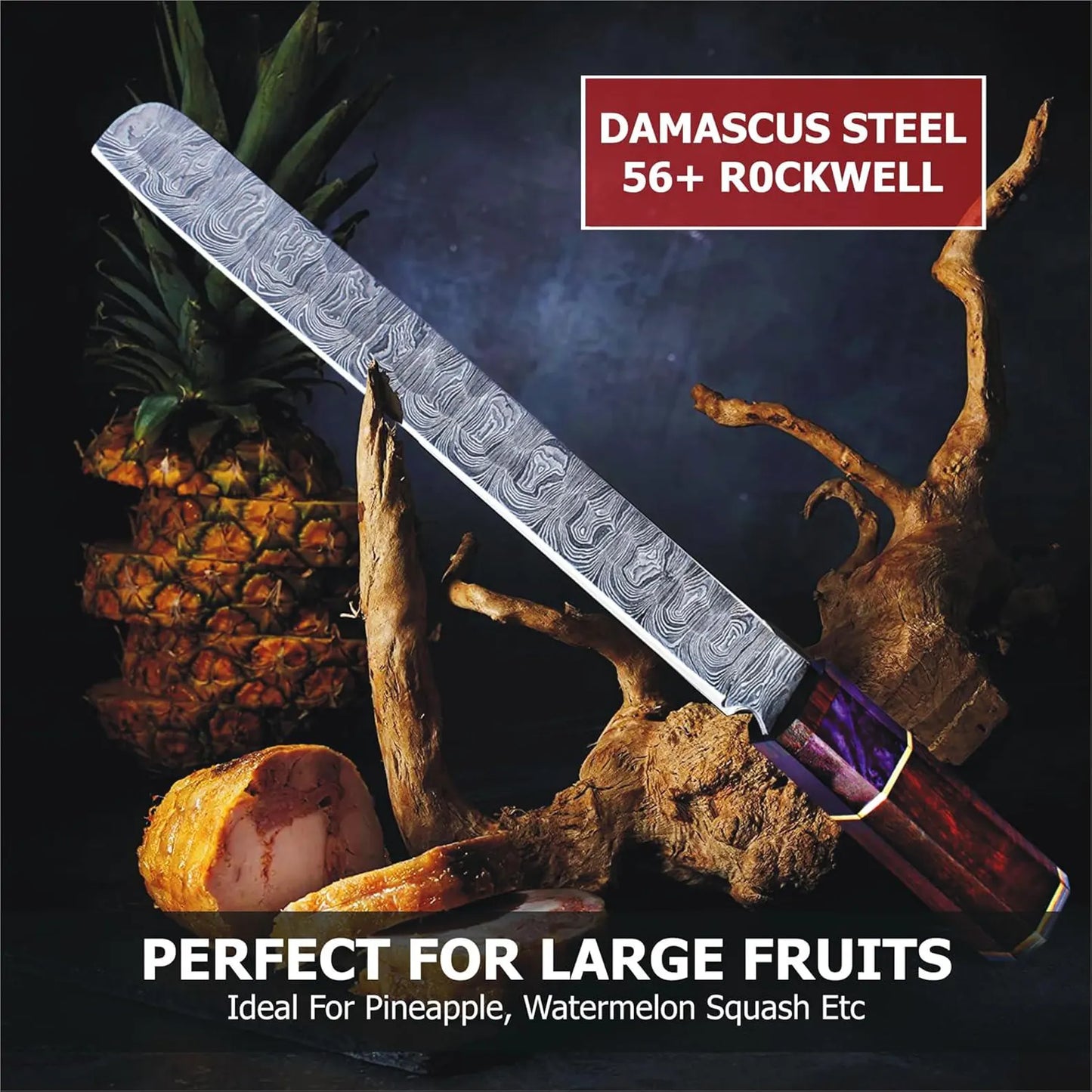 14” Handmade Damascus Chef Knife, Full Tang Brisket Knife with Wooden Handle, Razor Sharp Carving Knife for Meat & Veggies, Anniversary Gift
