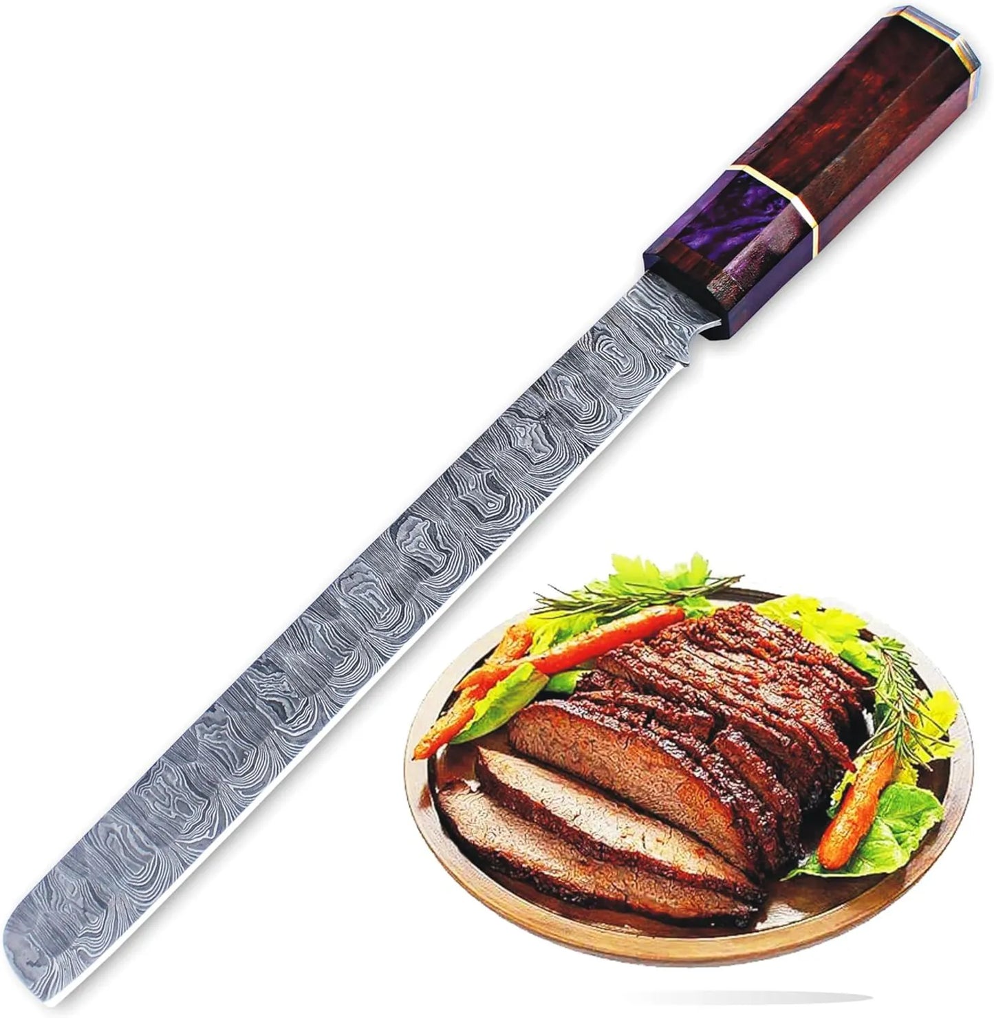 14” Handmade Damascus Chef Knife, Full Tang Brisket Knife with Wooden Handle, Razor Sharp Carving Knife for Meat & Veggies, Anniversary Gift