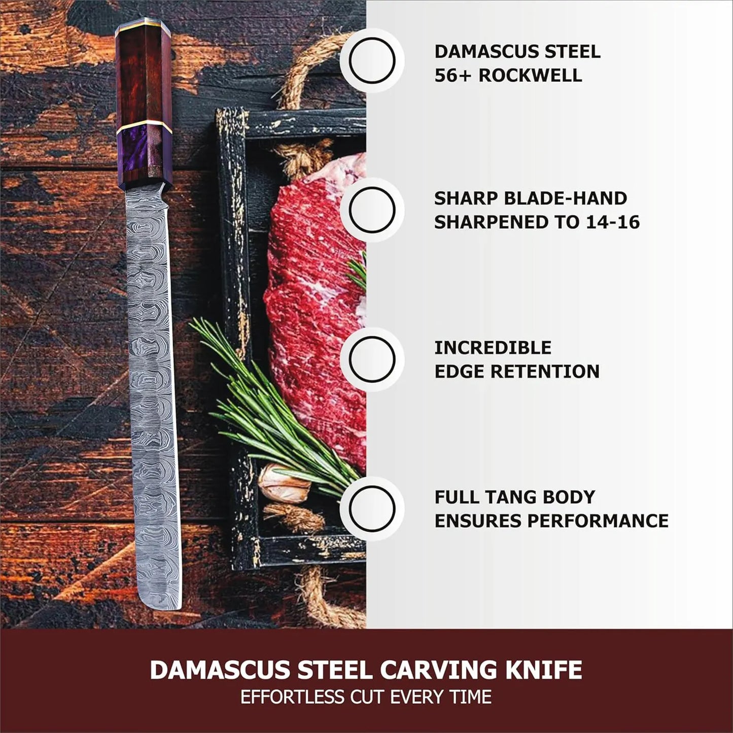14” Handmade Damascus Chef Knife, Full Tang Brisket Knife with Wooden Handle, Razor Sharp Carving Knife for Meat & Veggies, Anniversary Gift