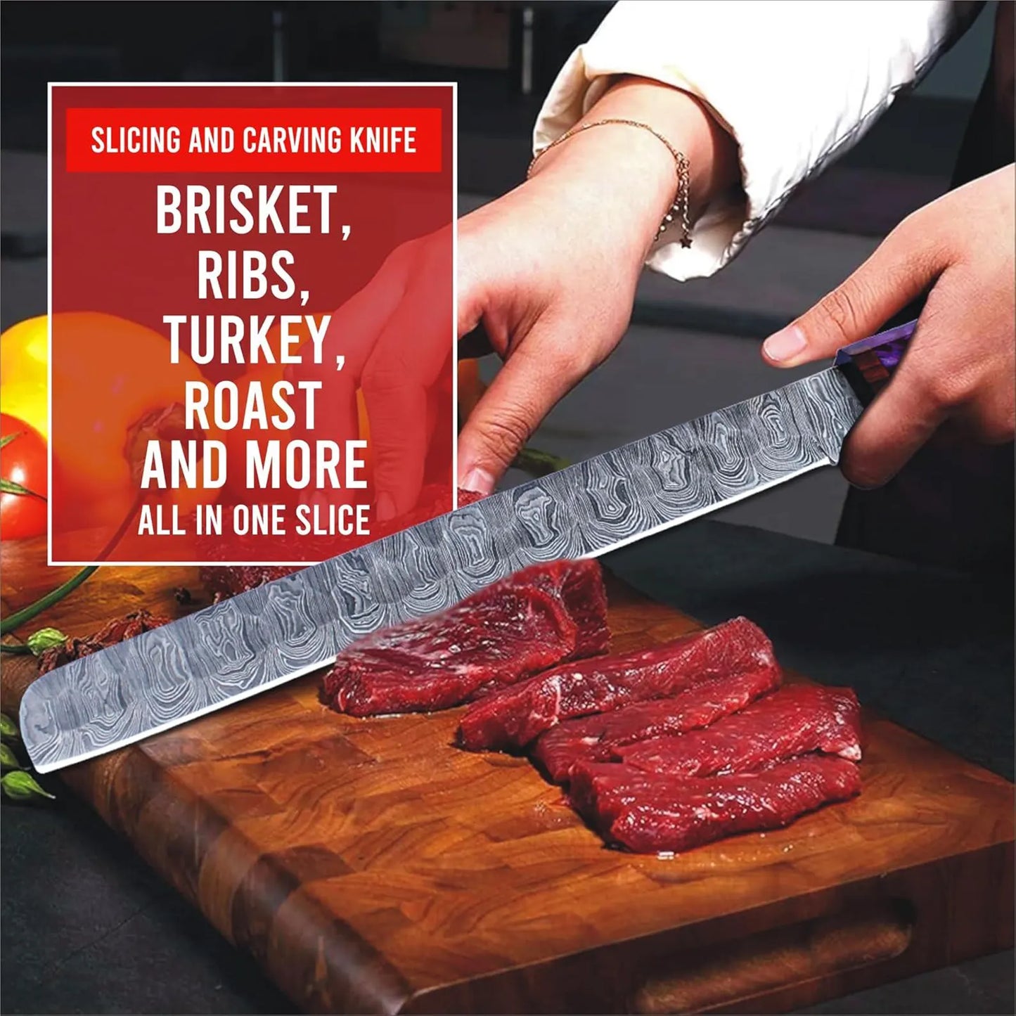 14” Handmade Damascus Chef Knife, Full Tang Brisket Knife with Wooden Handle, Razor Sharp Carving Knife for Meat & Veggies, Anniversary Gift