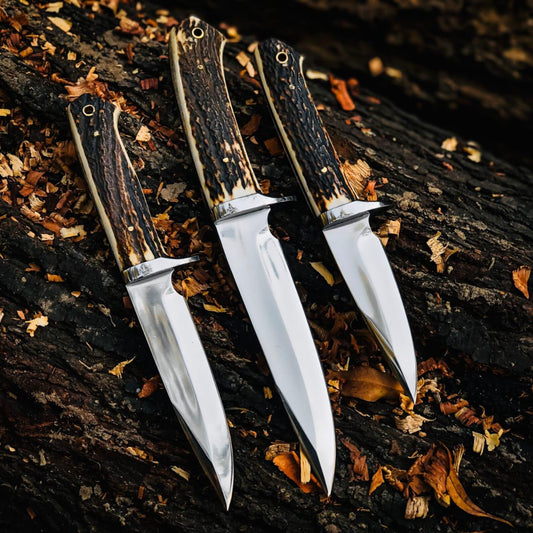 Stag Handle Fixed Blade Knives – Bob Loveless Style Stainless Steel Blades with Handmade Leather Sheaths