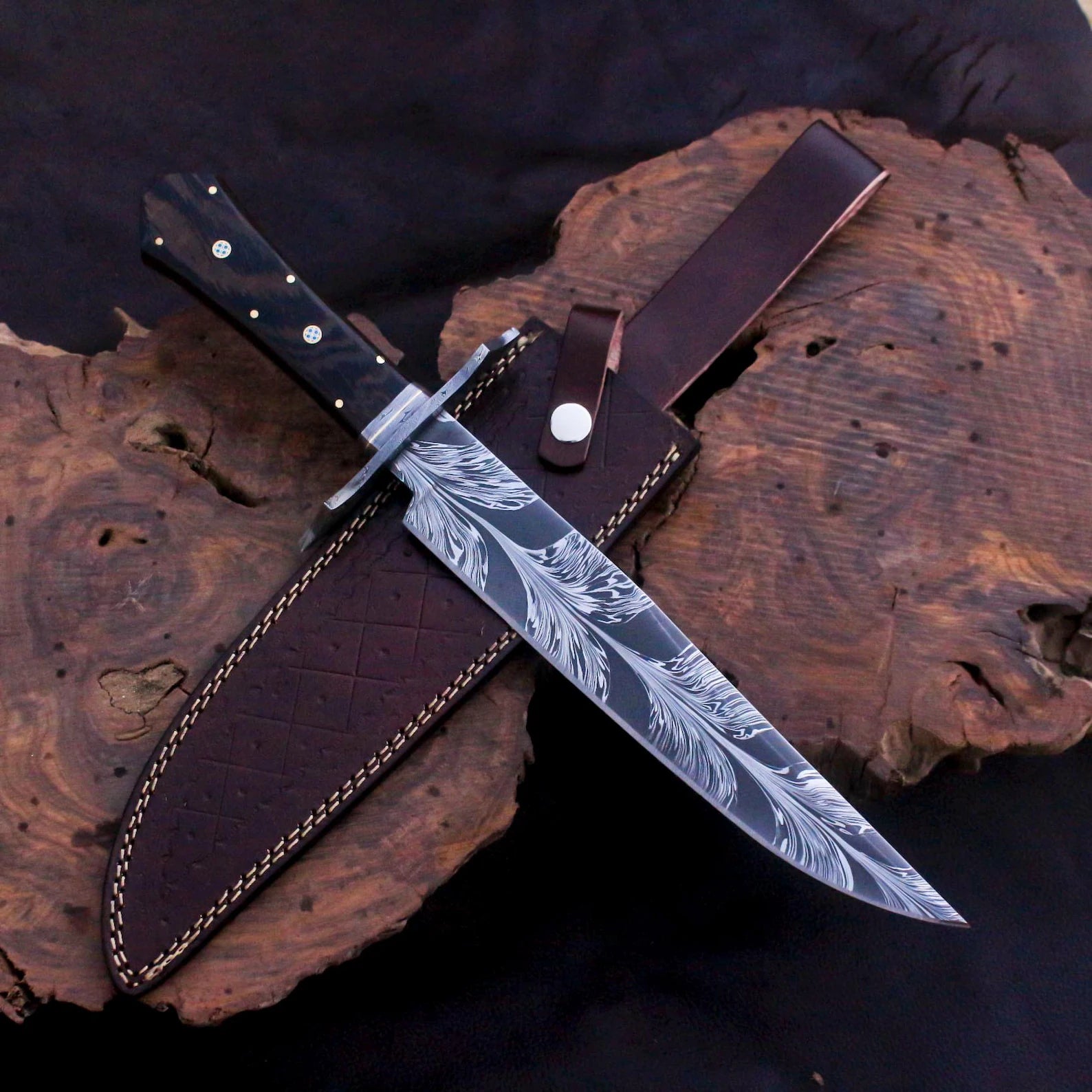  Handmade Damascus steel Feather Pattern Bowie Knife | DRSKNIVES HUB 