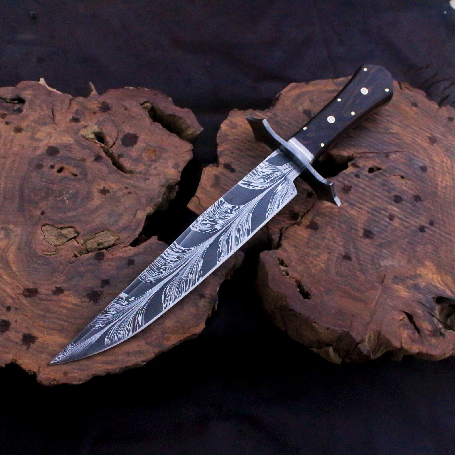  Handmade Damascus steel Feather Pattern Bowie Knife | DRSKNIVES HUB 