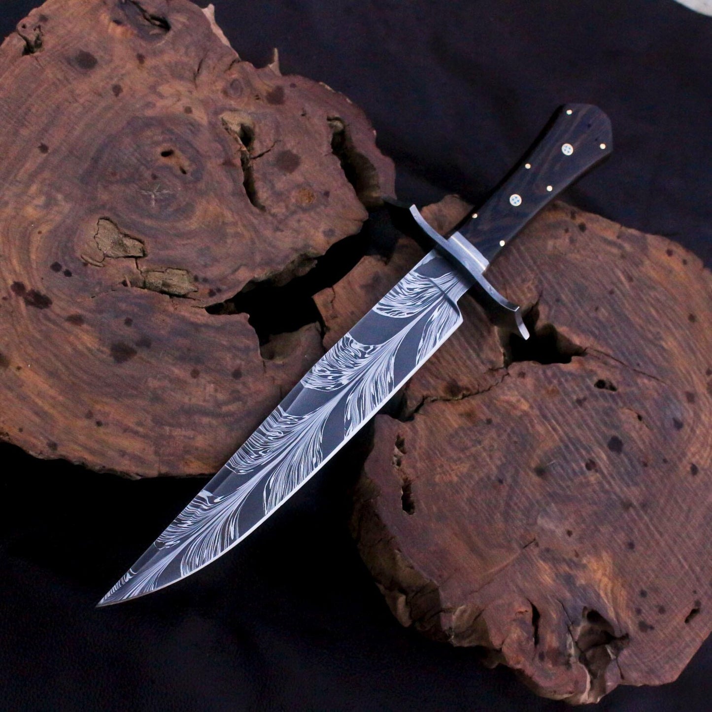  Handmade Damascus steel Feather Pattern Bowie Knife | DRSKNIVES HUB 