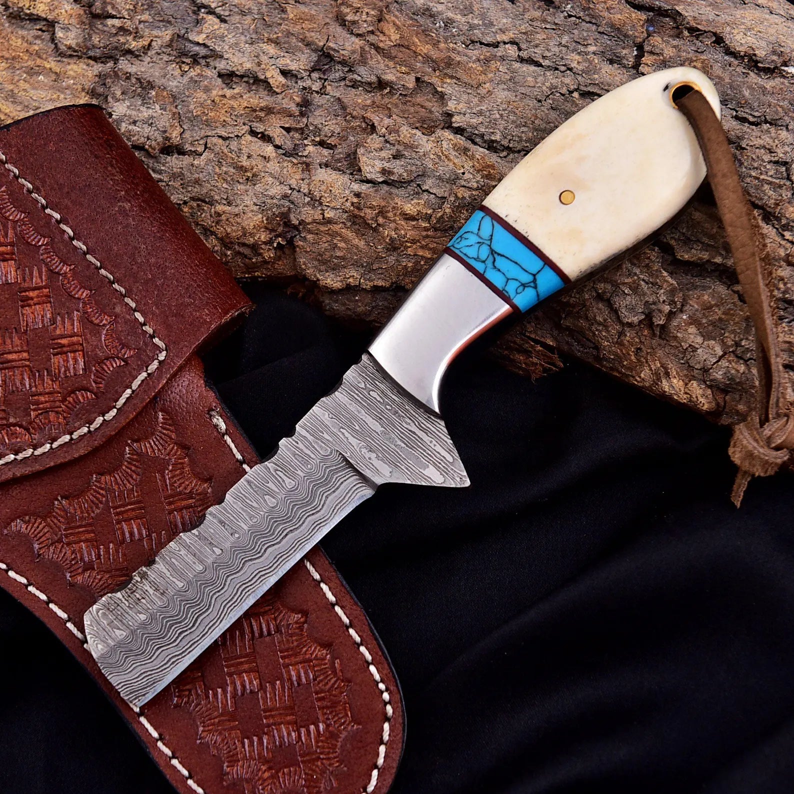 Damascus Bull Cutter Knife 7" – 352 Layer Bone & Turquoise | DRSKNIVES HUB