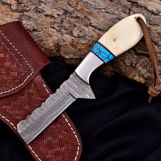 Damascus Bull Cutter Knife 7" – 352 Layer Bone & Turquoise | DRSKNIVES HUB