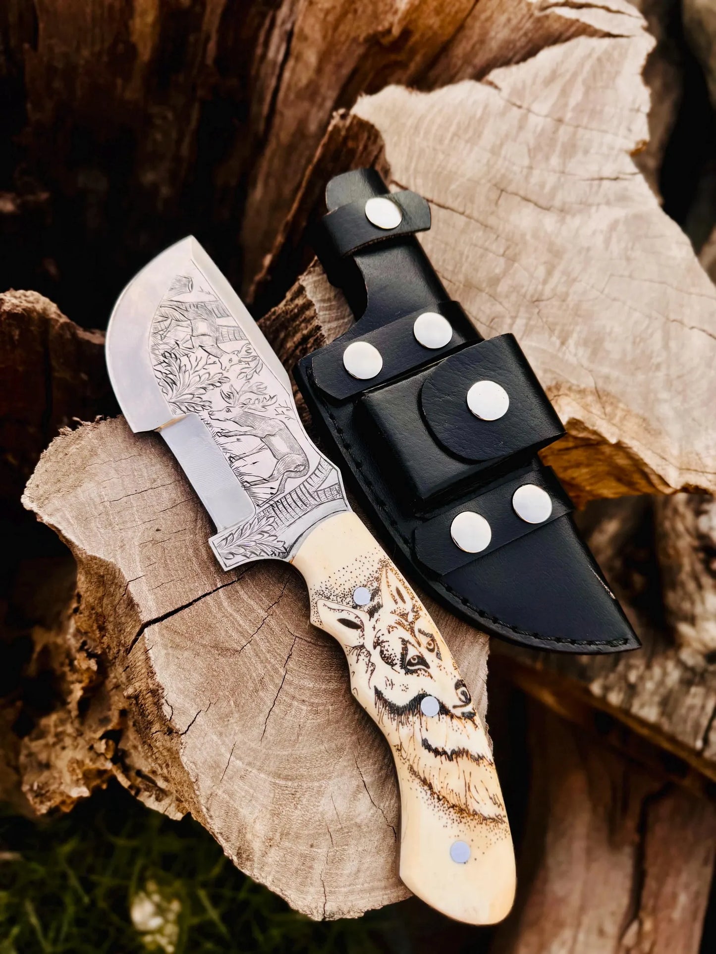 Damascus Tracker Knife – Hand Engraved Camel Bone Handle | DRSKNIVES HUB