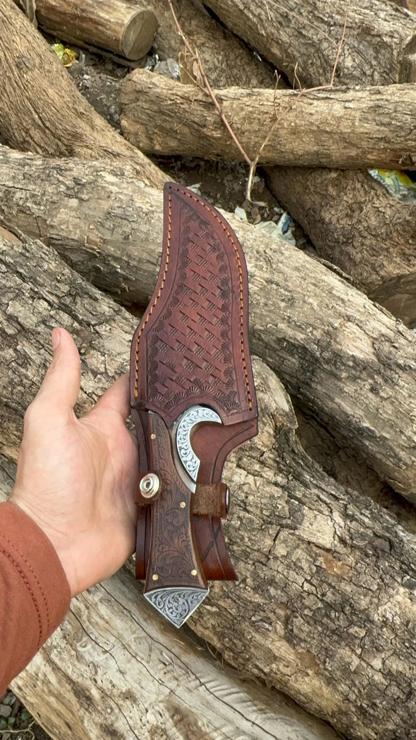 Hand Engraved Damascus Camping Knife – Bone Handle Personalized Sheath | DRSKNIVES HUB