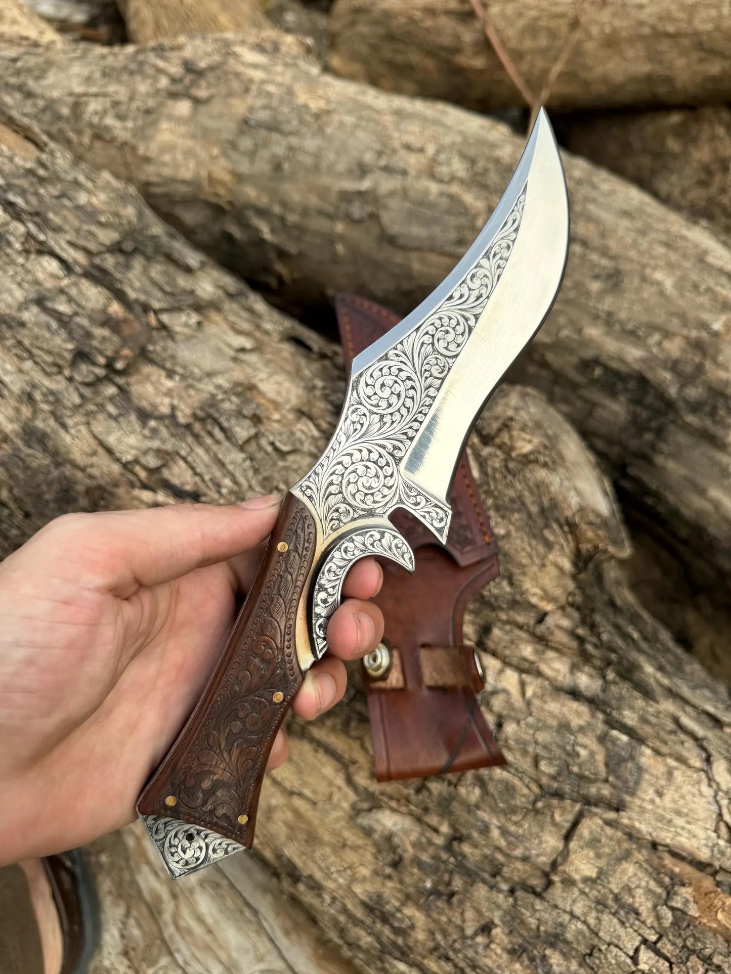 Hand Engraved Damascus Camping Knife – Bone Handle Personalized Sheath | DRSKNIVES HUB