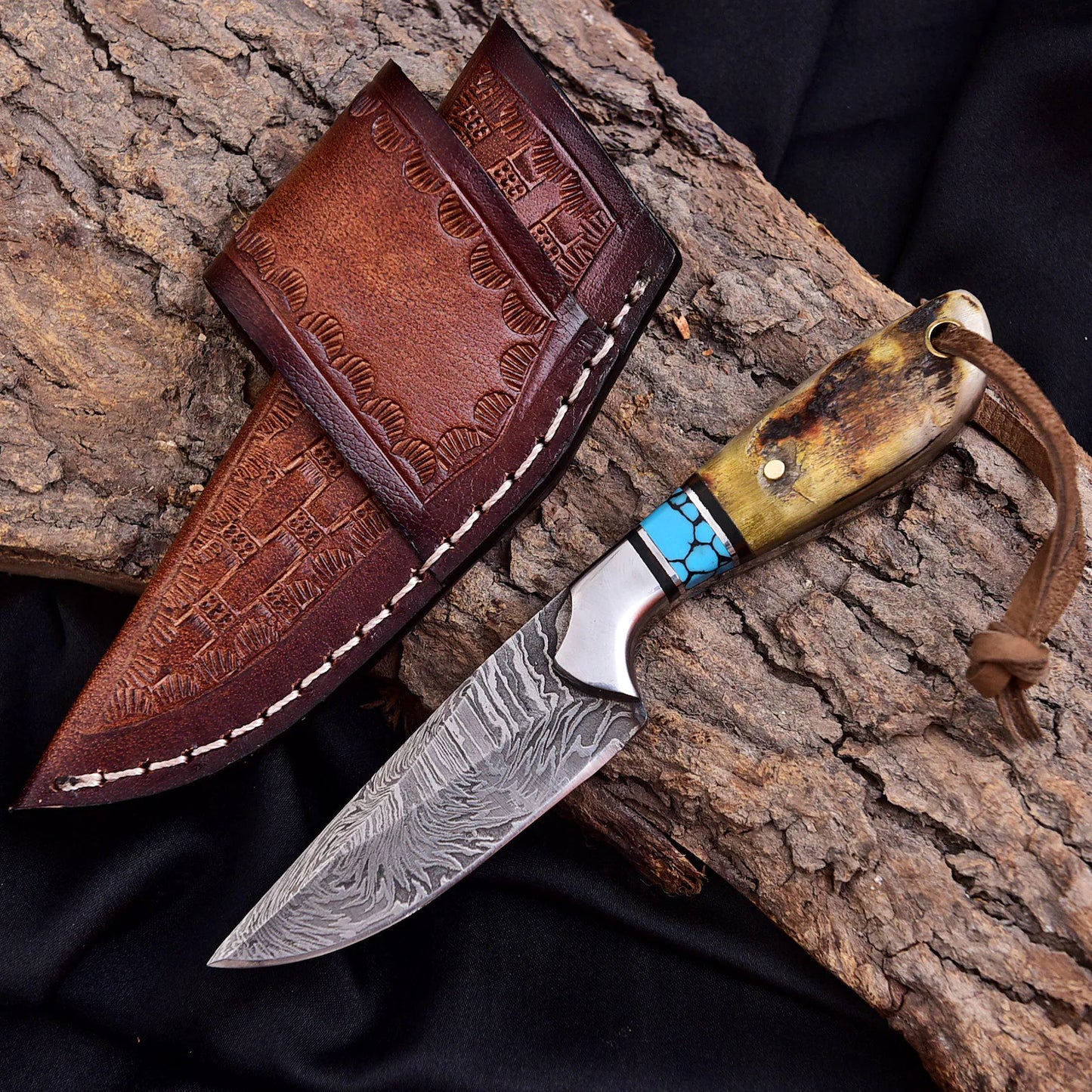 Damascus Skinner Knife 6" – Sheep Horn & Turquoise Handle | DRSKNIVES HUB
