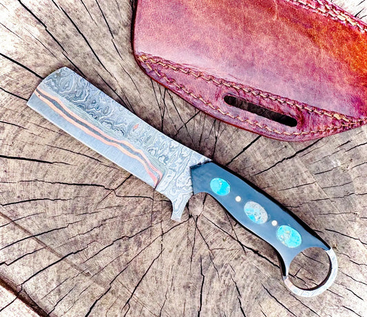 Copper Damascus Steel Bull  Cutter Knife With Leather Sheath Cover Cowboy Knife
