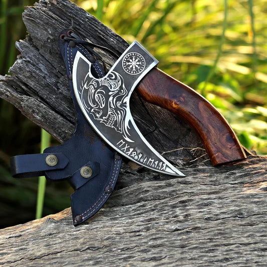 Custom Handmade Viking Style Pizza Cutter Axe Wood Handle With Leather Sheath Cover | Drs Knives Hub