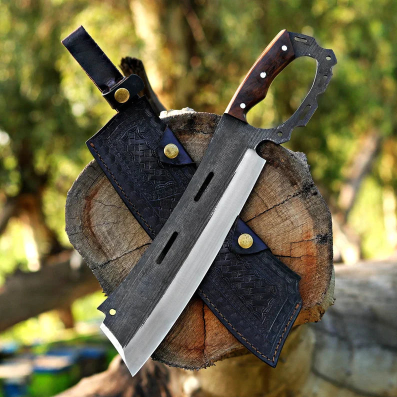 Chopper Knife Custom Handmade Carbon  Steel Splitter Chopper Knife Wood Handle With Leather Sheath Cover -Drs Knives Hub