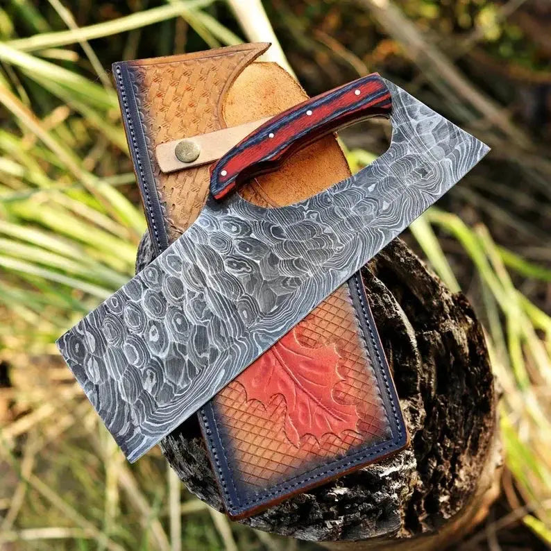 Damascus steel cleaver blade close-up