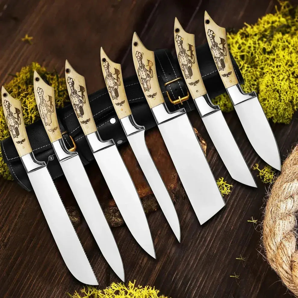 7-piece handmade J2 steel chef knife set with resin handles and leather roll