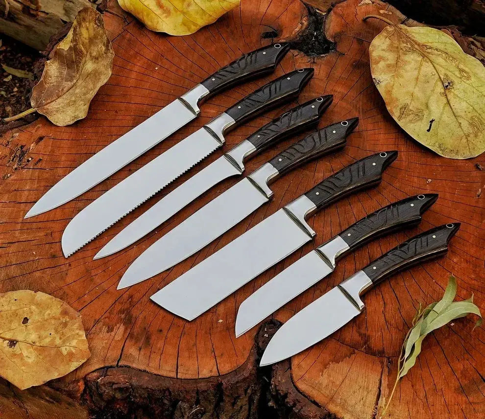 Handmade J2 steel chef knife set with wenge handles and leather roll