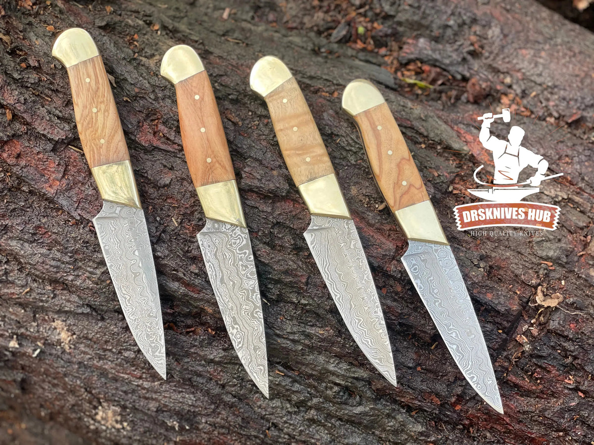 Close-up of layered Damascus steel steak knife blade